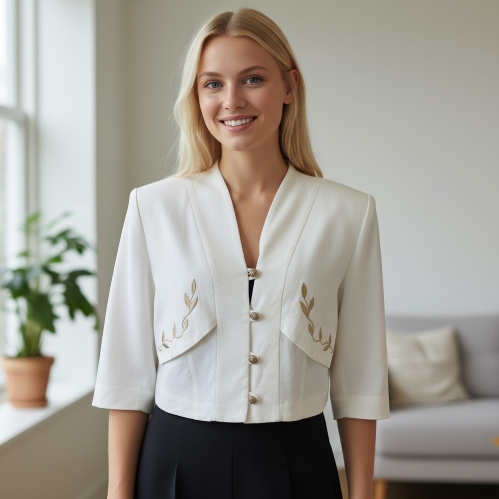 Vintage Casual Corner White With Gold Leaf Embroidery Cropped 80’s Blazer